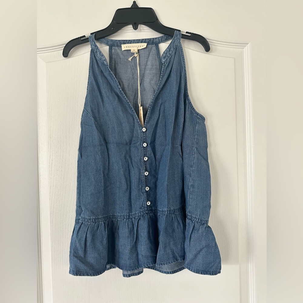 NWT - Lovestitch - Denim Button Halter Peplum Tank - Size Small